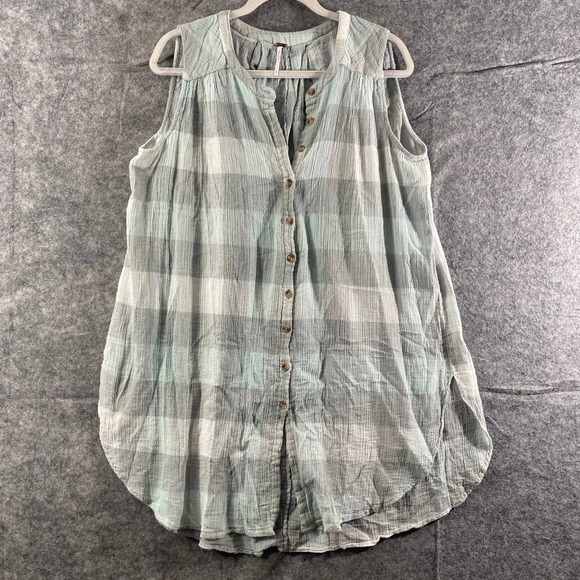 Free People Tank Top Medium Green Gray Plaid Sleeveless Button-Up Tunic - Picture 1 of 8